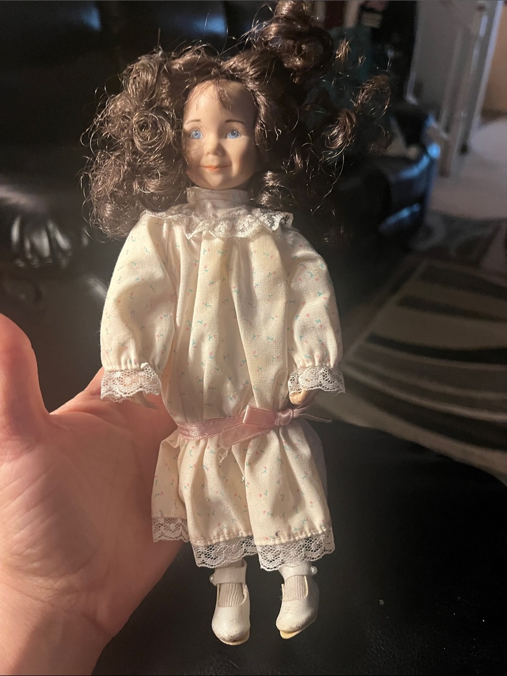 Dianna effner Vintage Style Porcelain Doll in Cream Dress with Pink Ribbon